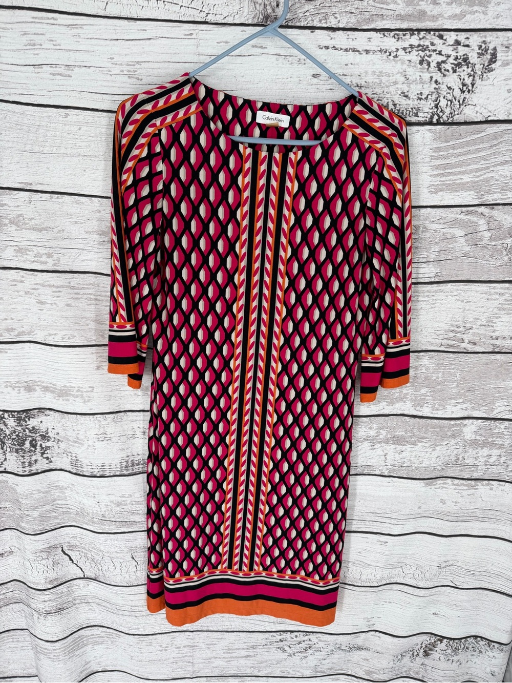 Calvin Klein Pink Black Orange Geometric Knit Long Sleeve Dress